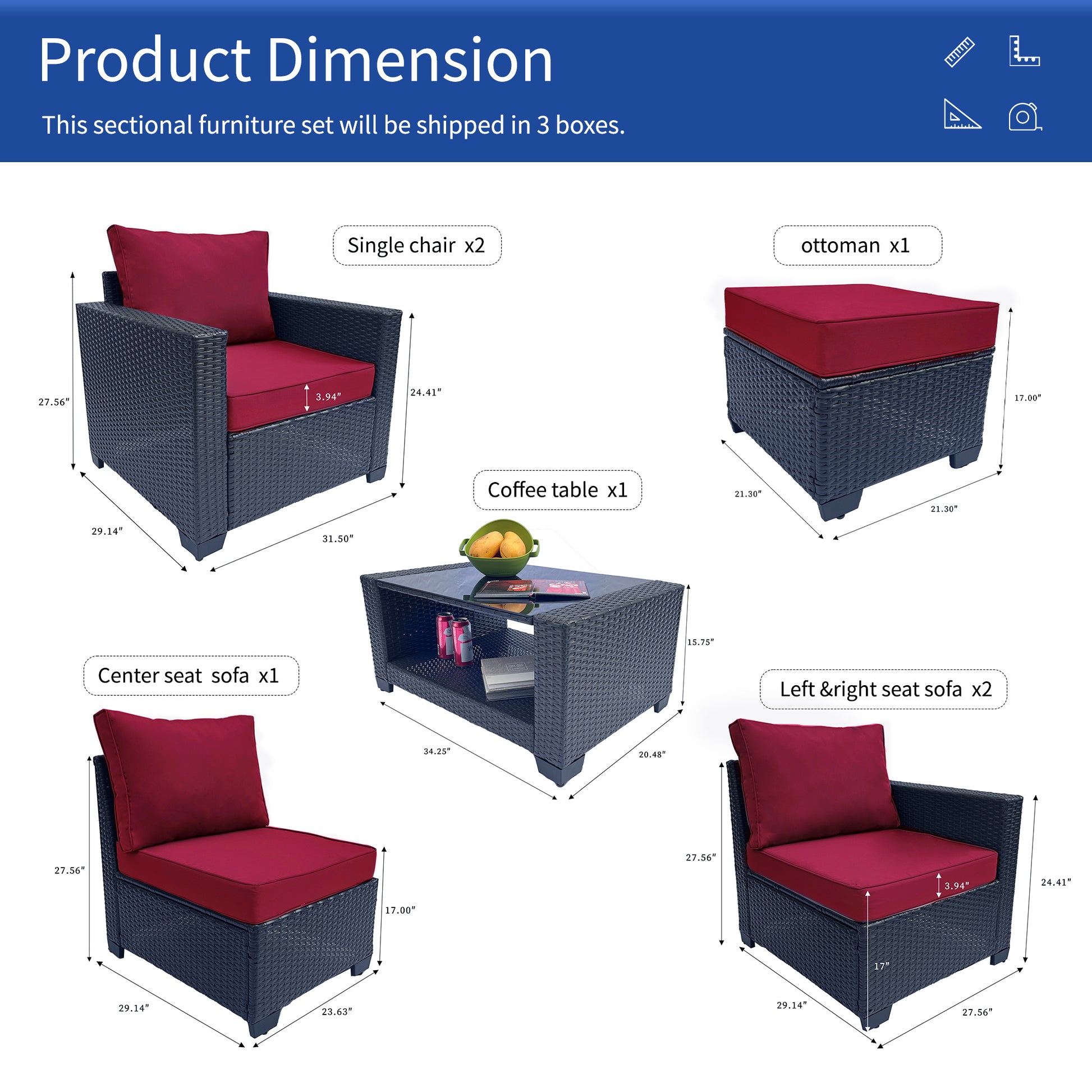 Outdoor Garden Patio Furniture 7 Piece Pe Rattan Wicker Cushioned Sofa Sets And Coffee Table, Patio Furniture Set Outdoor Couch Outdoor Couch Patio Furniture Outdoor Sofa Patio Couch Yes Complete Patio Set Red Seats 6 Weather Resistant Frame Water