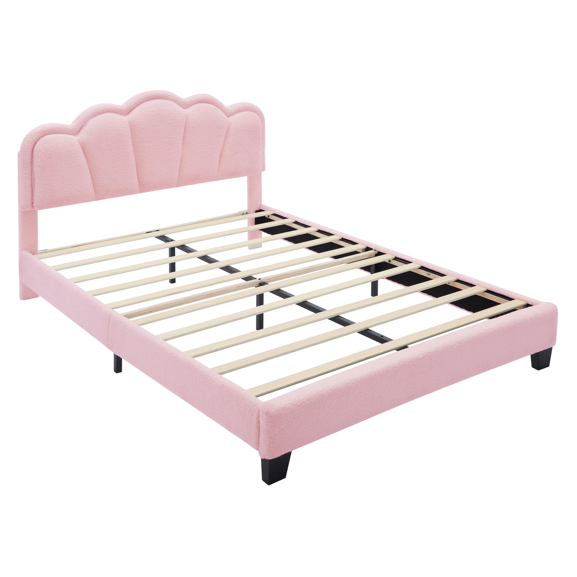 Full Size Upholstered Flower Shape Bed, Elegant Flowers Headboard With Led Light Strip ,Sherpa Fabric Platform Bed With Wooden Slats Support, Pink Full Pink Wood