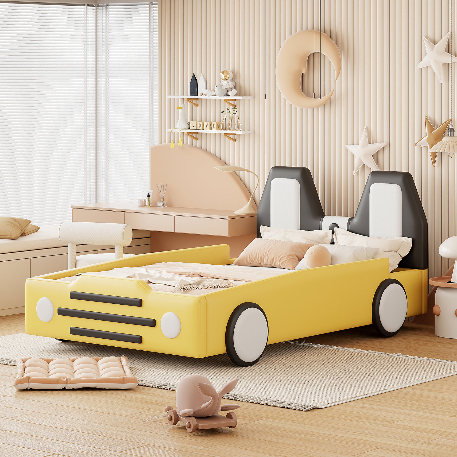 Twin Size Race Car Shaped Platform Bed With Wheels,Yellow Yellow Pu Leather