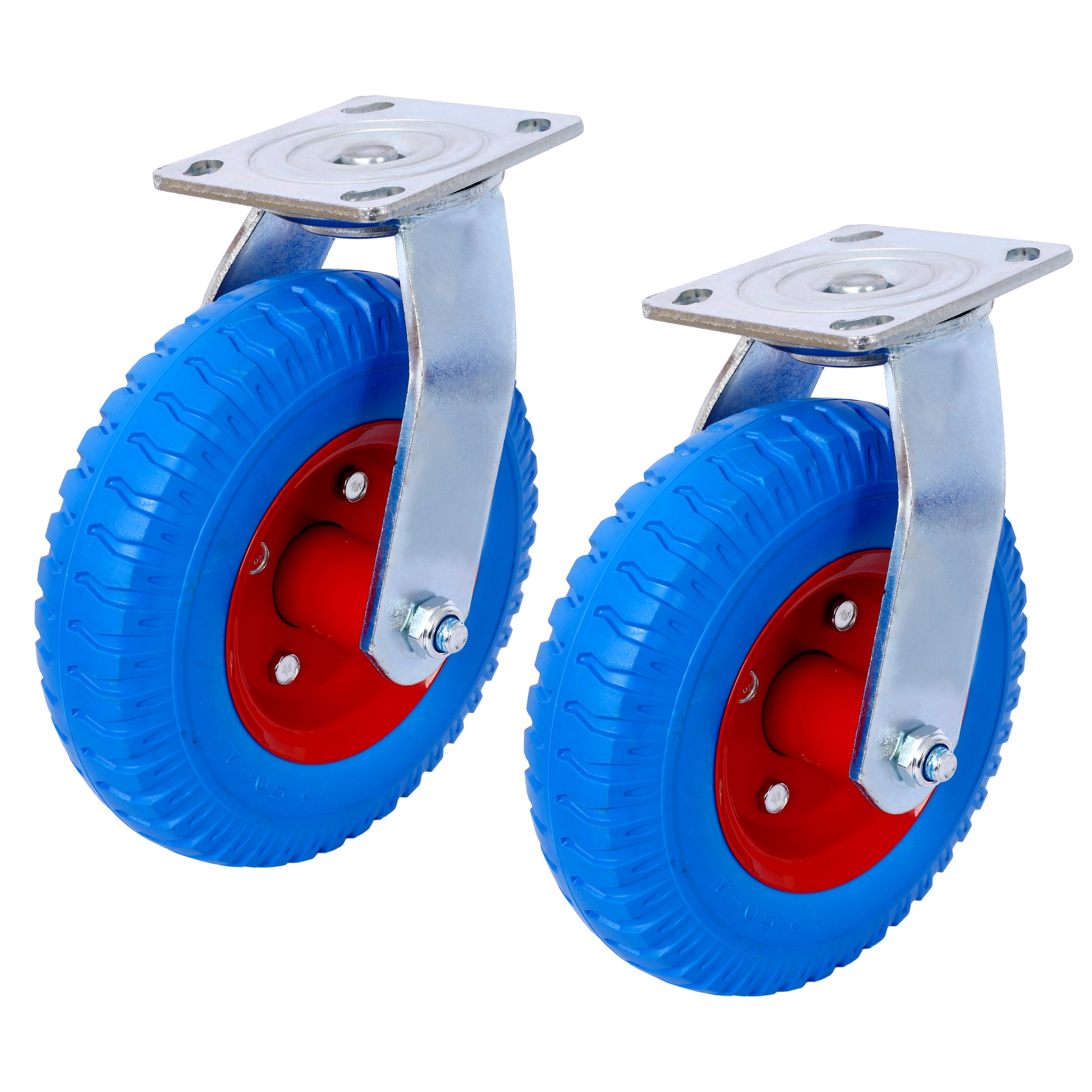 4Pcs 8In Caster Flat Free 2Pcs Swivel 2Pcs Rigid , Caster Wheel, Swivel Plate, Steel Hub With Ball Bearings, 5 8 Inch Bore Centered Axle Blue Blue Rubber