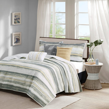 6 Piece Printed Quilt Set With Throw Pillows Yellow King Cal King King Yellow Cotton