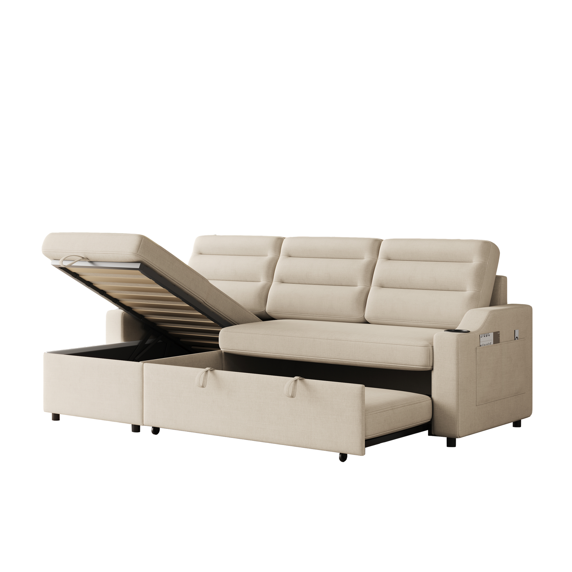 Mh83.5" Convertible Sleeper Combo Sofa, Convertible Sofa Bed Polyester Pullout Bed With Storage Recliner And Cup Holder For Living Room, Tight Spaces Beige Polyester Wood Primary Living Space Pine Foam Fabric 3 Seat