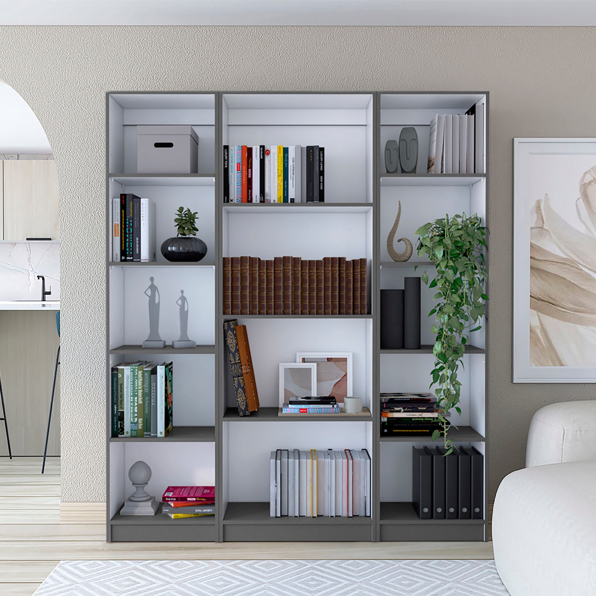 Davie 3 Piece Home Bookcase Set, 60" Wide With 14 Shelvesliving Room Set Set Matt Gray White Freestanding 5 Or More Shelves Multicolor Office Open Storage Space Particle Board