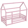 Twin Size Floor Wooden Bed With House Roof Frame, Fence Guardrails,Pink Twin Pink Pine