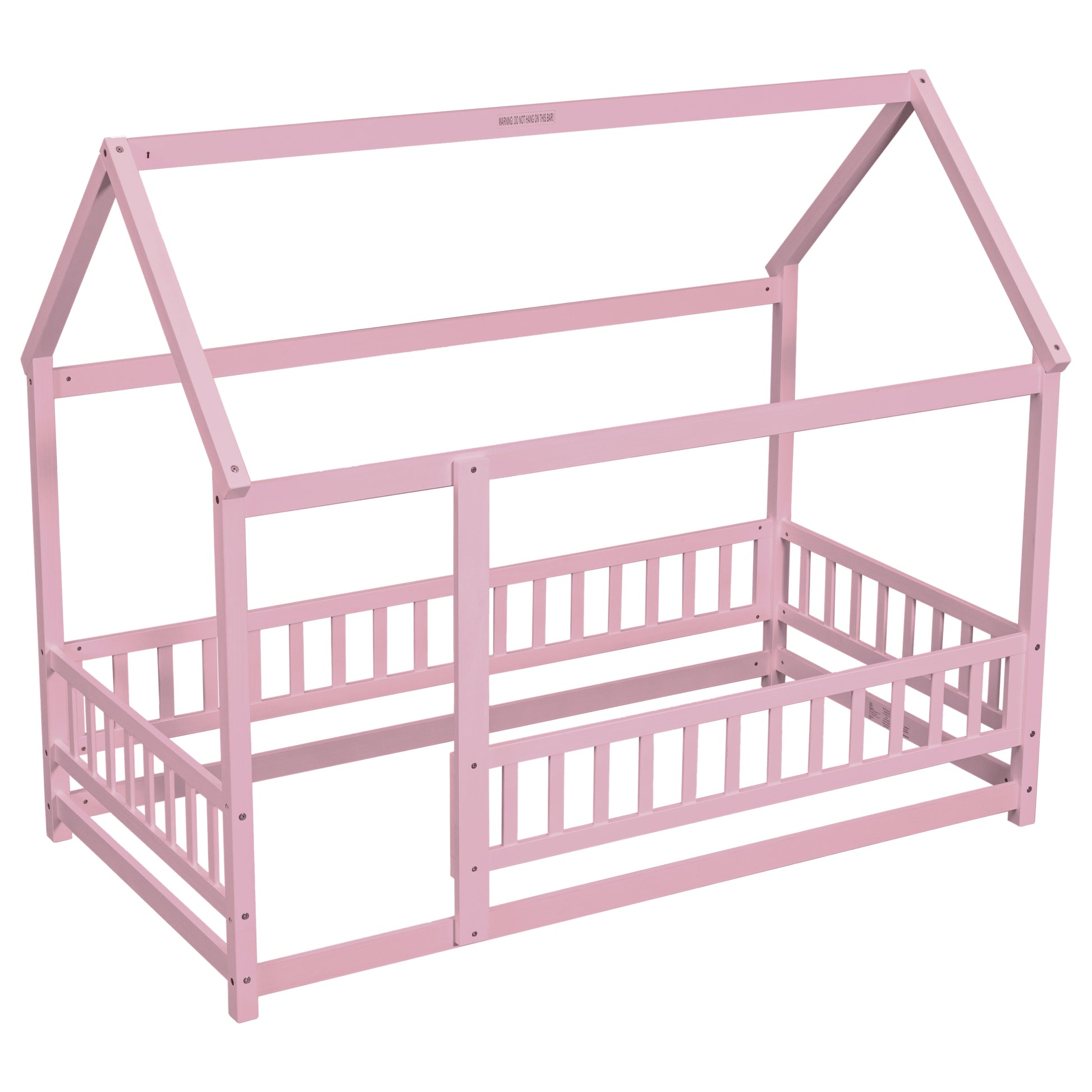 Twin Size Floor Wooden Bed With House Roof Frame, Fence Guardrails,Pink Twin Pink Pine