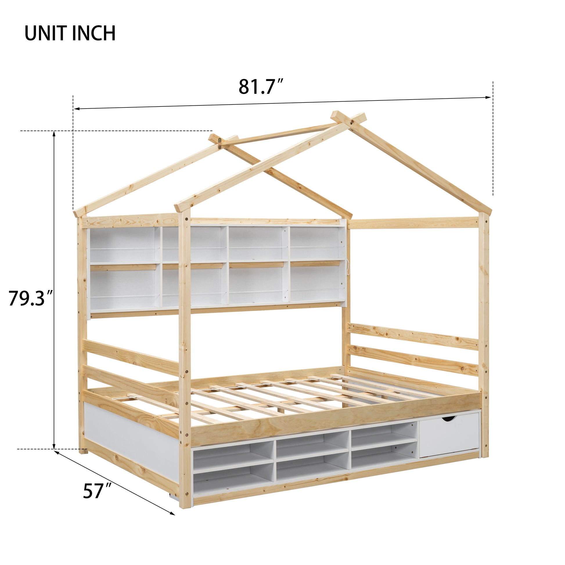 Full House Bed With Roof Frame, Bedside Shelves, Under Bed Storage Unit,Natural Full Natural American Design Pine