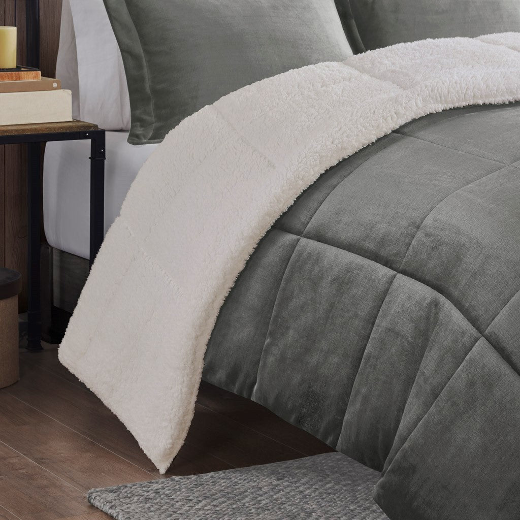 Plush To Sherpa Down Alternative Comforter Set King Charcoal Ivory Polyester
