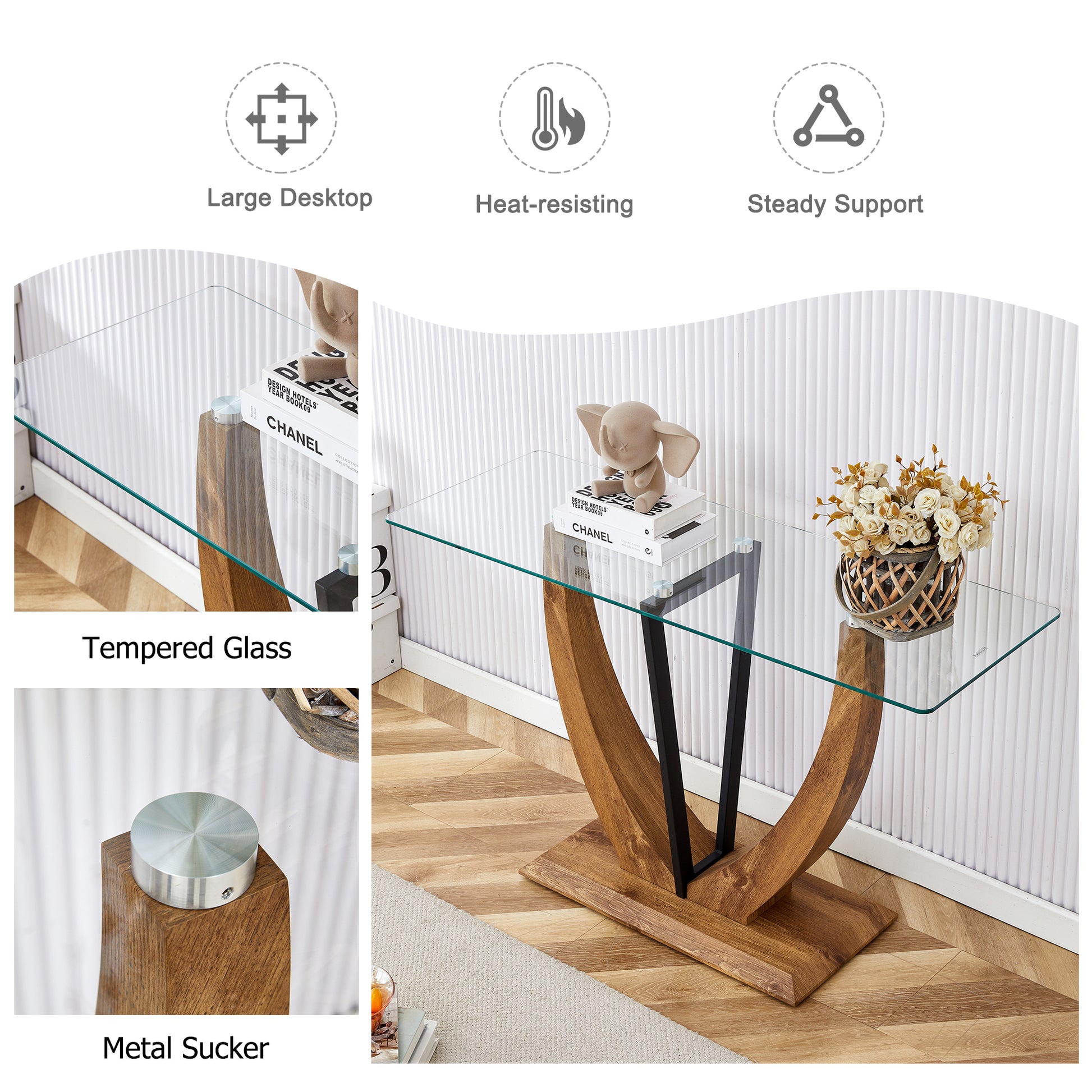 Modern Minimalist Rectangular Glass Table With 0.39 "Tempered Glass Top And Mdf Wood Grain Sticker Legs, Suitable For Entrance And Living Room. Transparent Glass