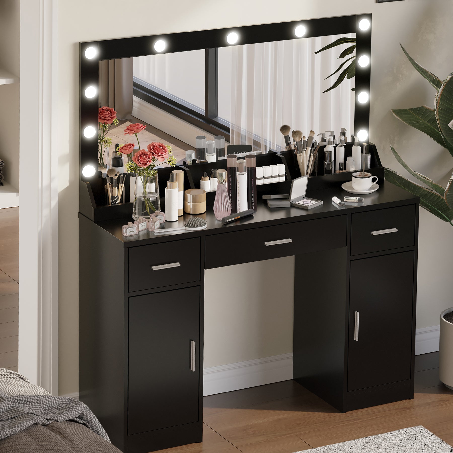 47.2"Vanity Desk With Large Mirror, 3 Colour Lighting Modes, Adjustable Brightness, Dresser With 3 Drawers & 2 Vertical Cabinets, Makeup Vanity Table For Women & Girls Black Black Particle Board