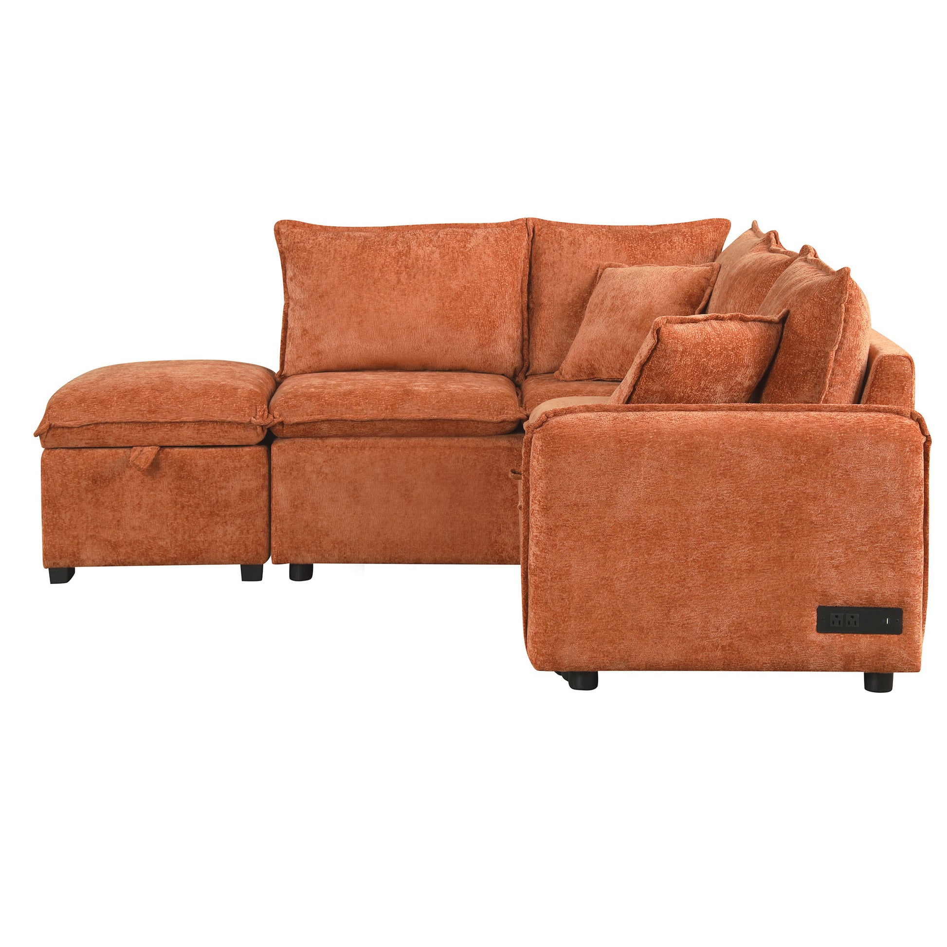 82.67"Convertible Sofa Bed Sectional Sofa Sleeper L Shaped Sofa With A Storage Ottoman,Two Pillows, Two Power Sockets And Two Usb Ports For Living Room, Orange Orange Foam Chenille 4 Seat