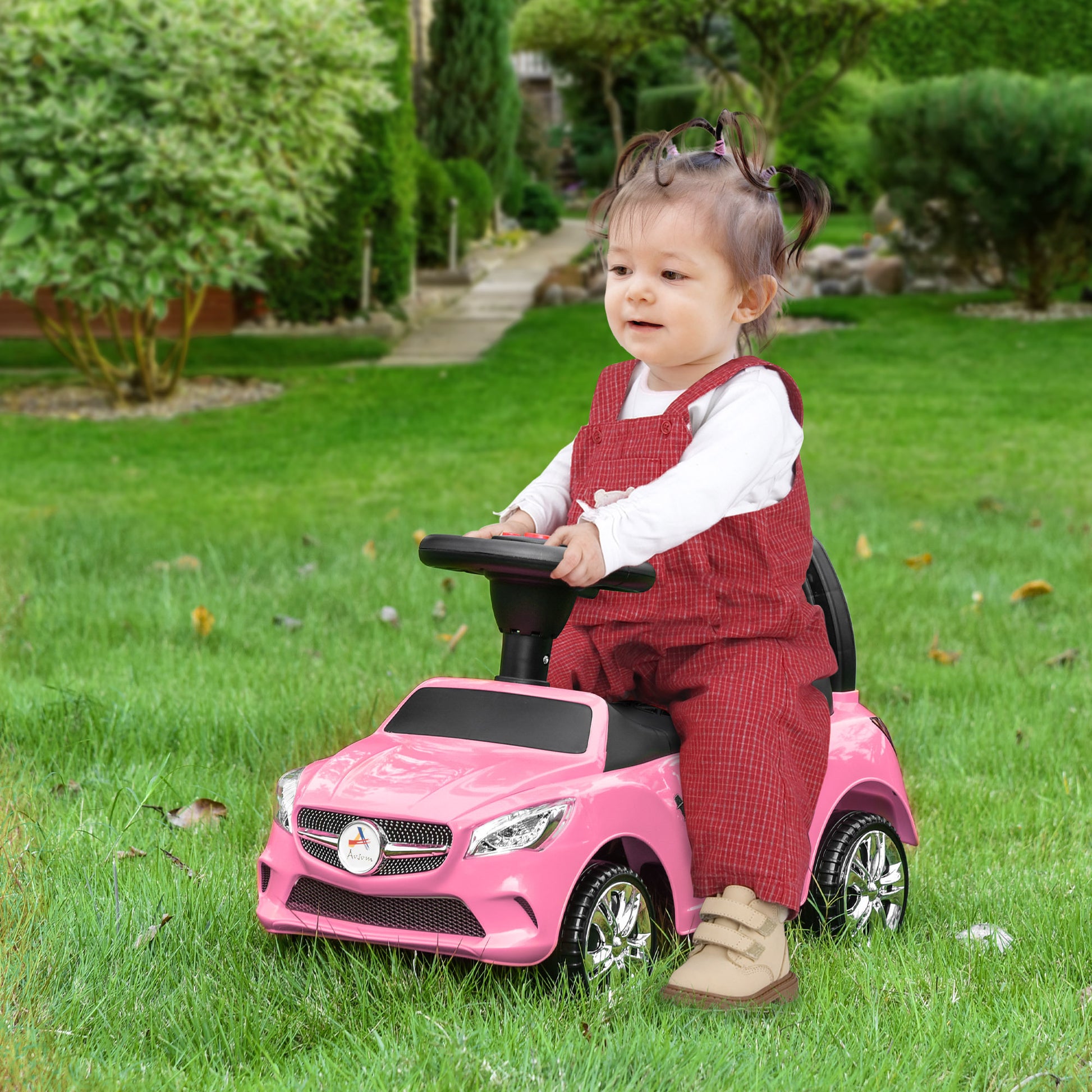 Aosom Kids Ride On Push Car, Foot To Floor Walking Sliding Toy Car For Toddler With Working Horn, Music, Headlights And Storage, Pink Pink Metal