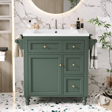 30'' Bathroom Vanity With Top Sink, Modern Bathroom Storage Cabinet With 2 Drawers And A Tip Out Drawer, Single Sink Bathroom Vanity Same As Sw000143Aaf Green Bathroom Modern Solid Wood Mdf Resin