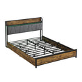 King Size Bed Frame, Storage Headboard With Charging Station And 4 Storage Drawers,Led Lightsbrown And And Gray Black Brown Grey Mdf Metal