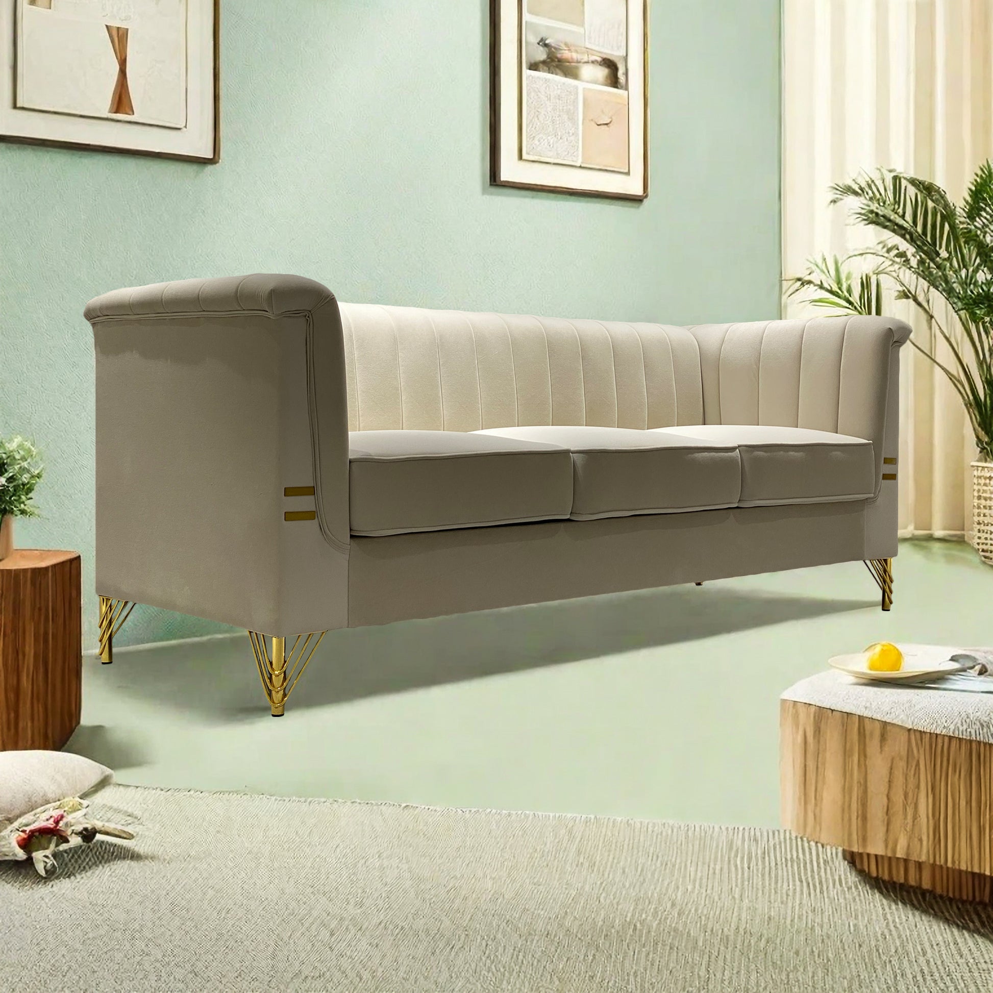 Fx P82 Be Sofa Modern Chenille Sofa, 82.67" Upholstered Couch With Bolster Armrest, 3 Seat Sofa For Living Room, Bedroom, Office, Apartment, Dorm, Beige Beige Velvet 3 Seat