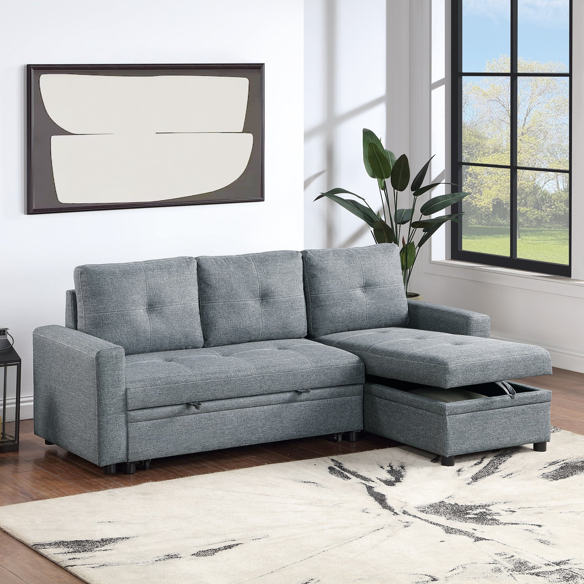 Black Gray Polyfiber Convertible Sectional Sofa Pull Out Bed Couch Storage Chaise Reversible 2Pc Sectional Living Room Furniture Grey Black Primary Living Space Tufted Back Contemporary,Modern L Shaped Square Arms Plywood 4 Seat