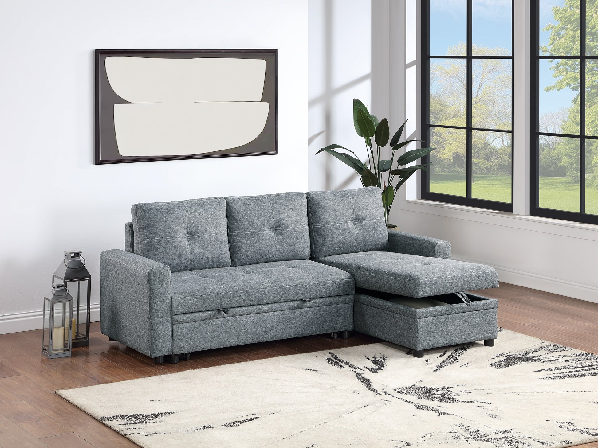 Black Gray Polyfiber Convertible Sectional Sofa Pull Out Bed Couch Storage Chaise Reversible 2Pc Sectional Living Room Furniture Grey Black Primary Living Space Tufted Back Contemporary,Modern L Shaped Square Arms Plywood 4 Seat