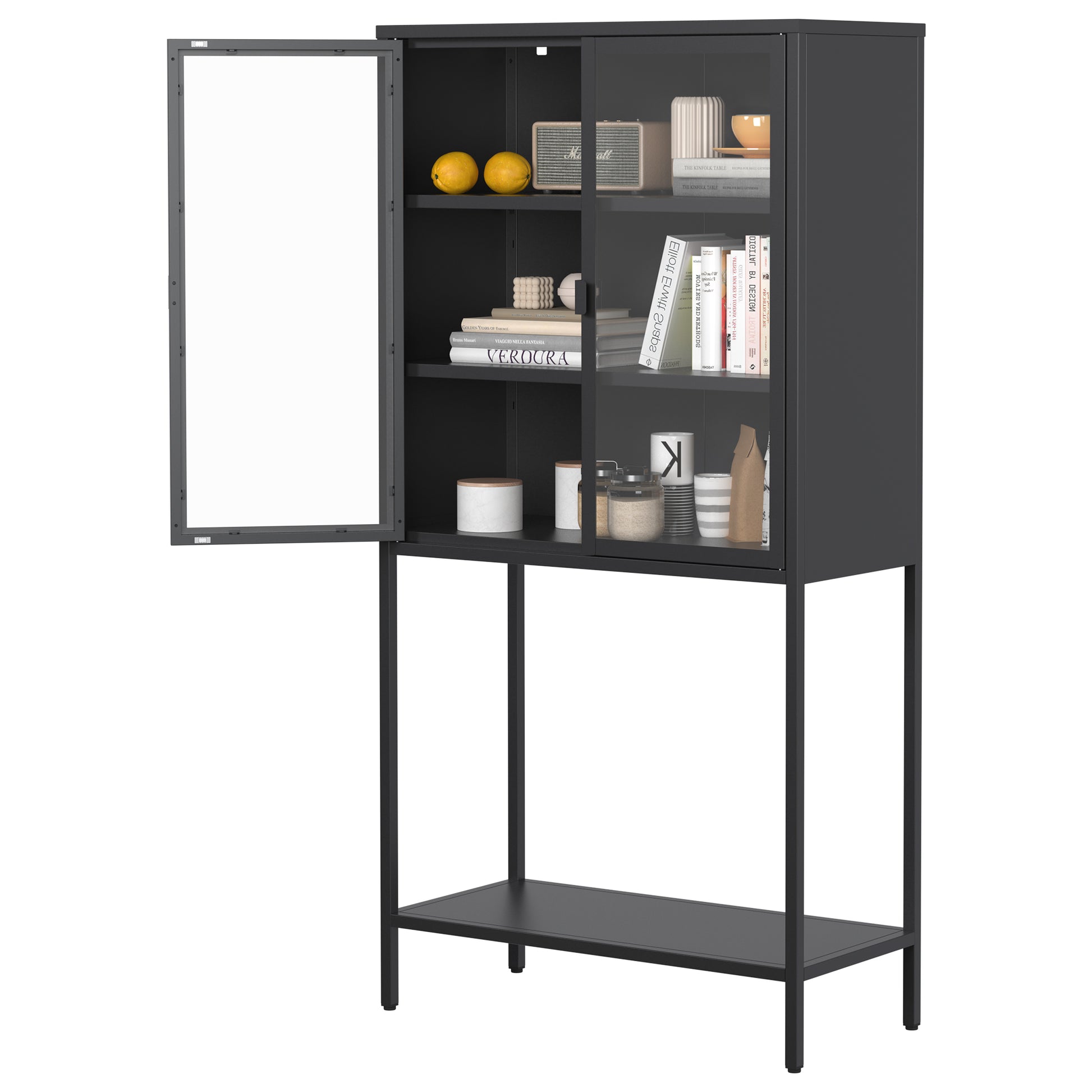 59"H Heavy Duty Metal Storage Cabinet,Sideboards & Buffet,Display Storage Cabinet With Glass Doors And 2 Adjustable Shelves, Tall Bookcase Modern Bookshelf Cabinet For Home Office, Living Room Black Primary Living Space Modern Metal Metal