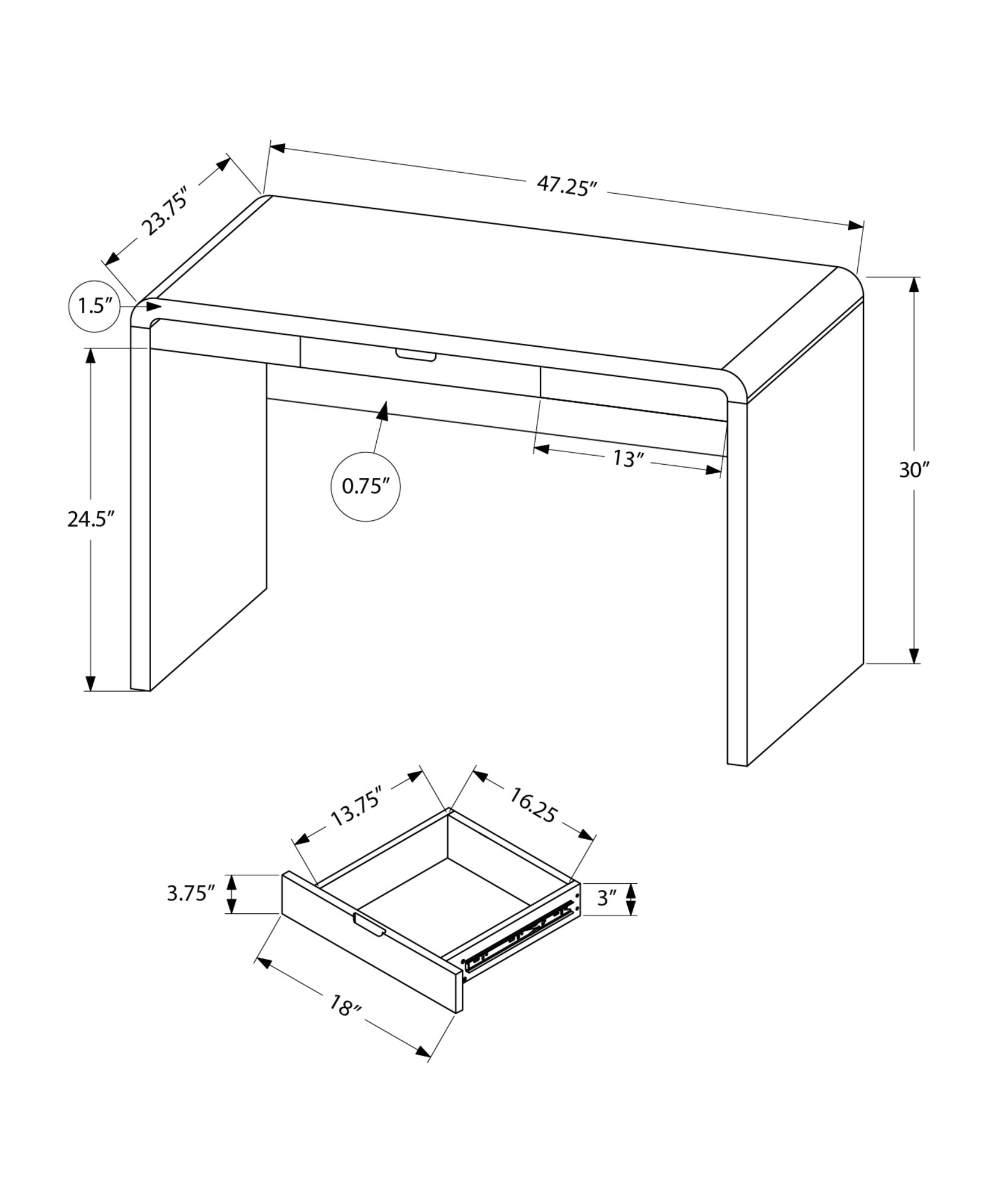 Computer Desk, Home Office, Laptop, Storage Drawers, 48"L, Work, Glossy White Laminate, Contemporary, Modern White Mdf