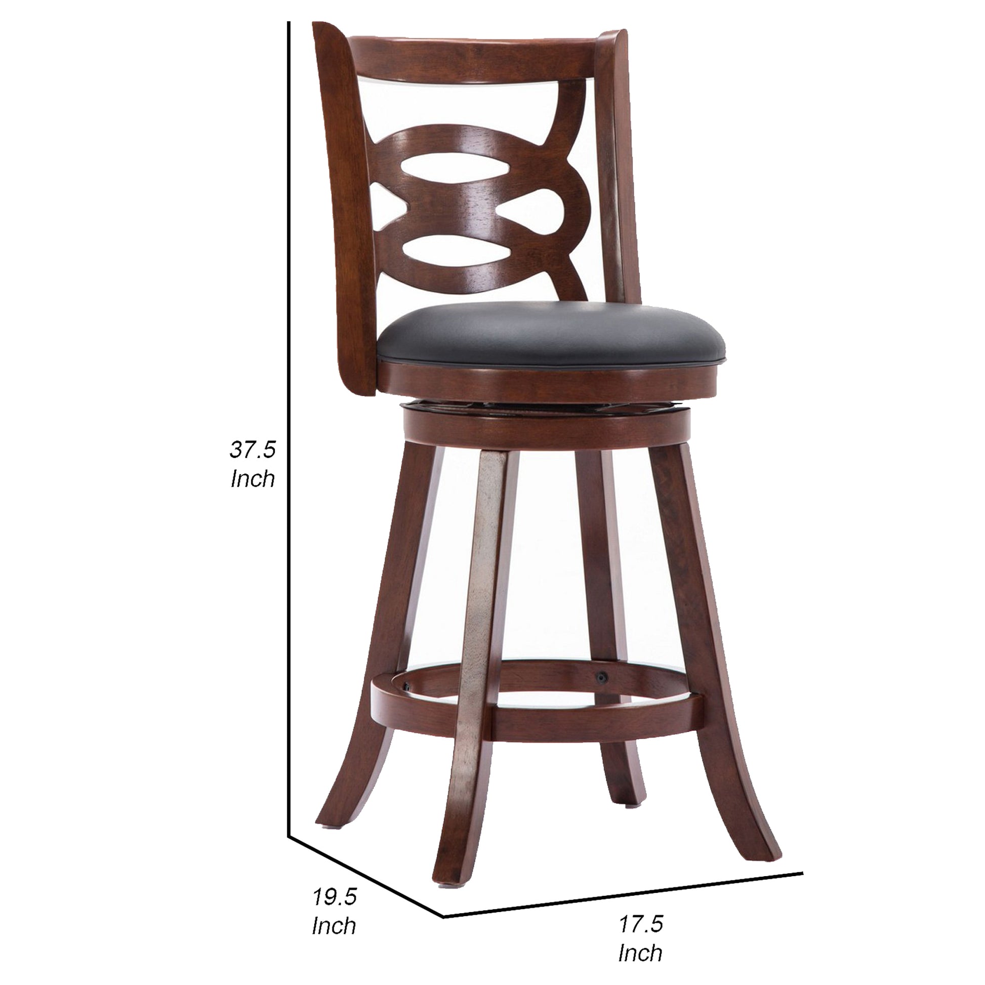 24 Inches Swivel Wooden Counter Stool With Geometric Back, Brown Brown Wood Fabric