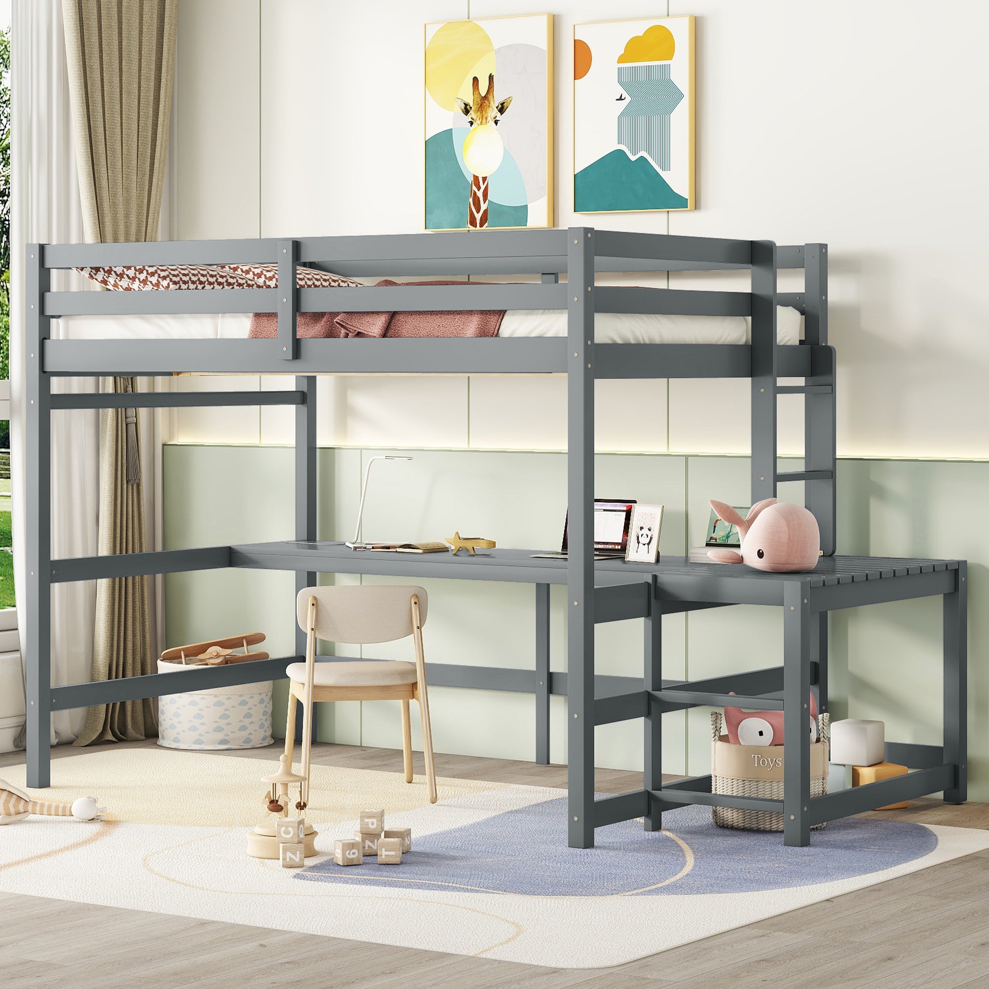 Full Loft Bed With Built In Desk, Ladder Platform, Ladders, Guardrails,Grey Full Grey Bedroom American Design Pine