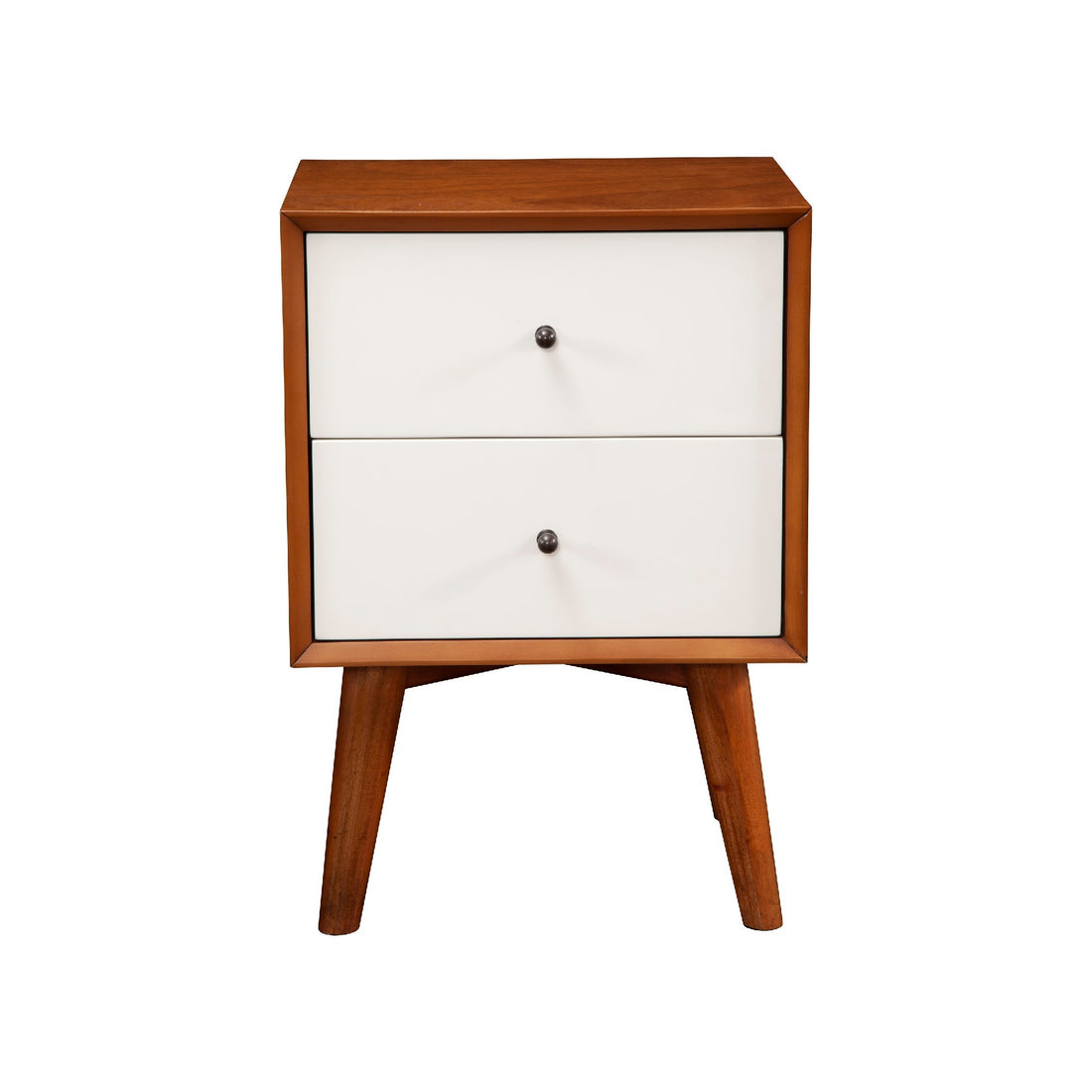 Stylish Wooden Nightstand With Two Drawers And Flared Legs, Brown And White Brown White Solid Wood