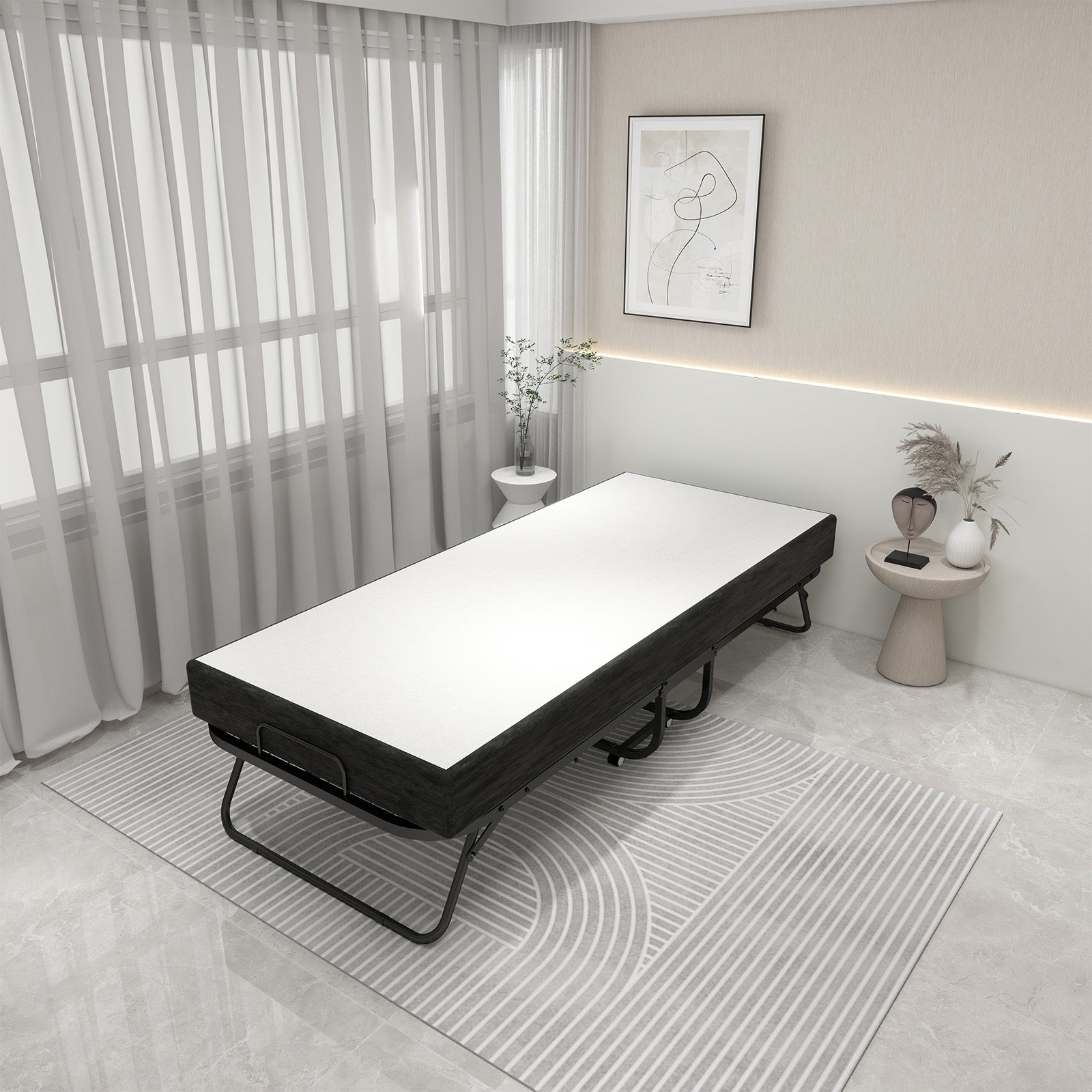 Deluxe Diplomat Folding Bed Twin Size With Luxurious Memory Foam Mattress And A Super Strong Sturdy Frame White Black Metal