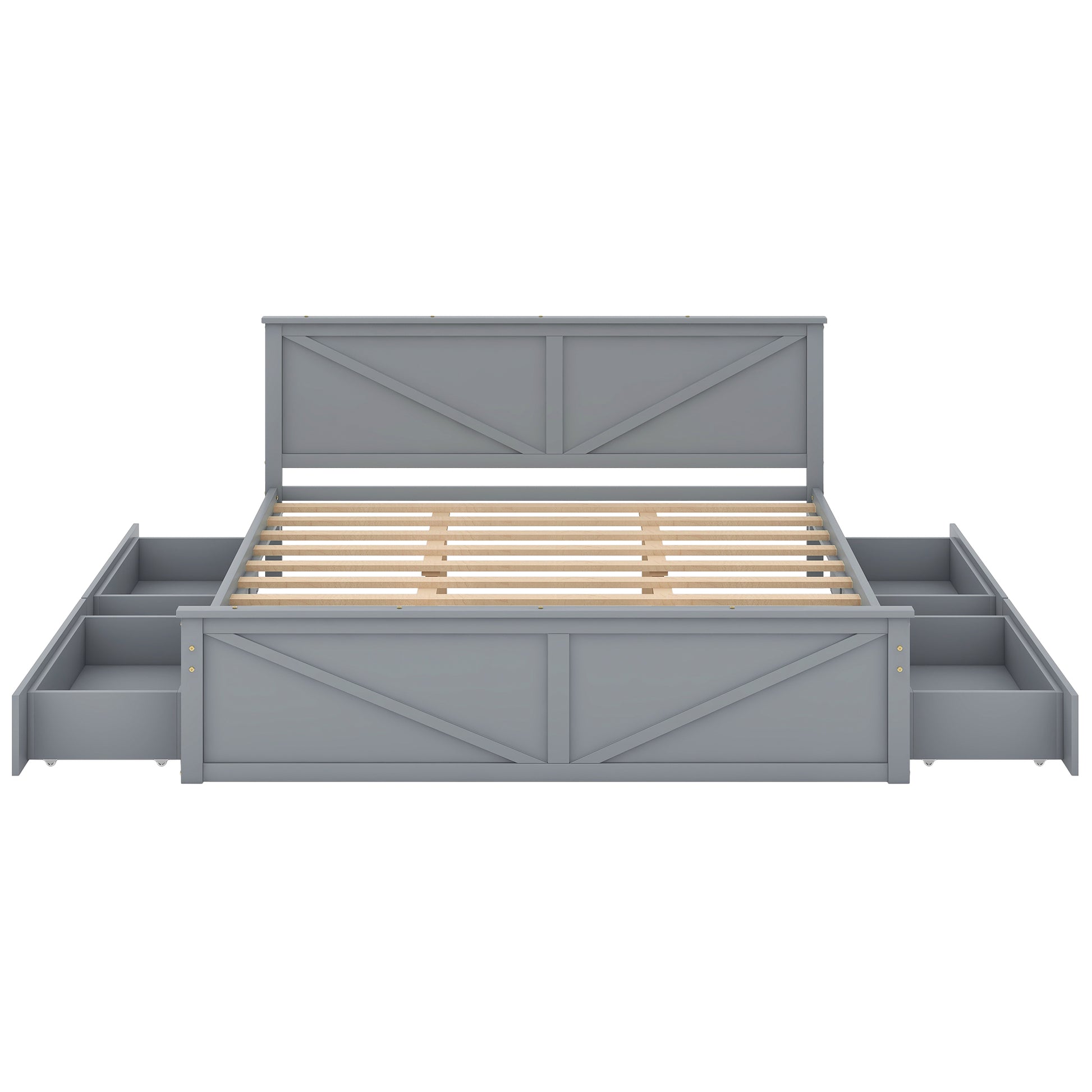 King Size Wooden Platform Bed With Four Storage Drawers And Support Legs, Gray King Gray Pine