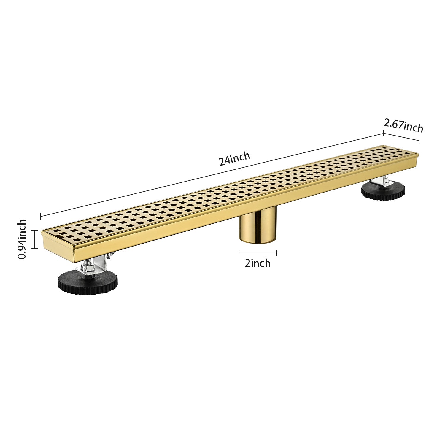 24 Inches Linear Shower Drain With Removable Quadrato Pattern Grate, 304 Stainless Shower Drain Included Hair Strainer And Leveling Feet Brushed Gold Stainless Steel