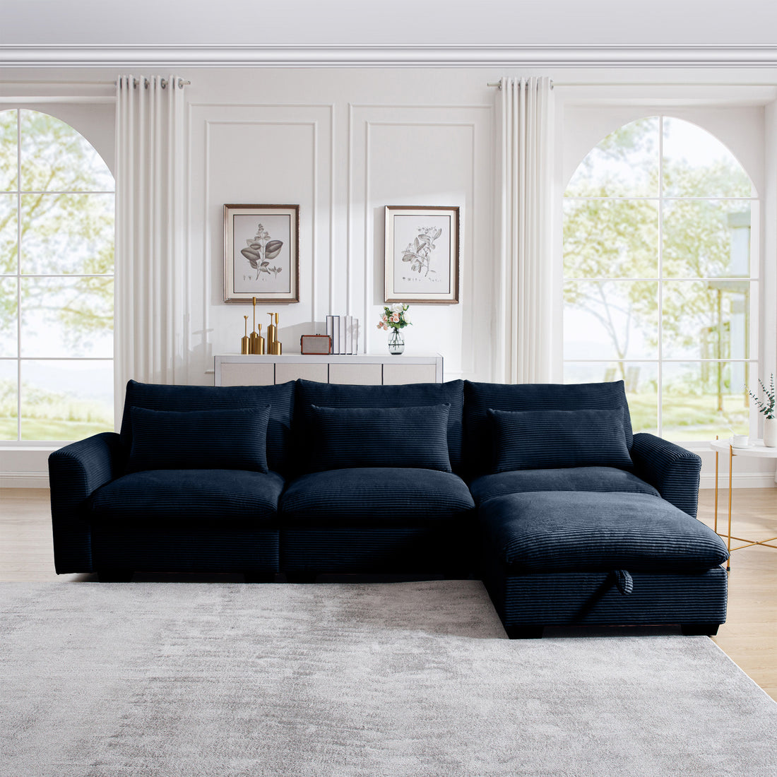 Corduroy Sectional Sofa, L Shaped Couch With Storage Footstool And 3 Pillow, Sectional Couch For Living Room Apartment, Bule Blue Corduroy 3 Seat