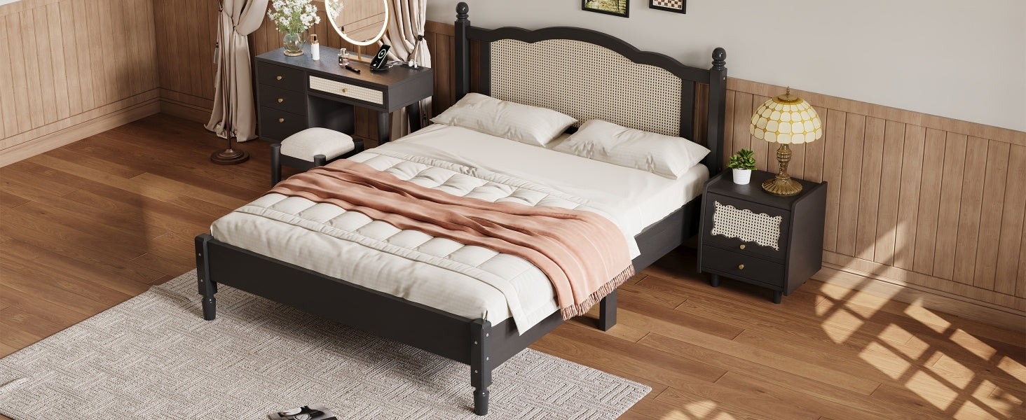3 Pieces Bedroom Set With Queen Size Wooden Bed Frame, 1 Vintage Nightstand And 1 Makeup Vanity Set With Stool,Black Expected Arrival Time: 08.23 Queen Black 3 Piece Set Wood