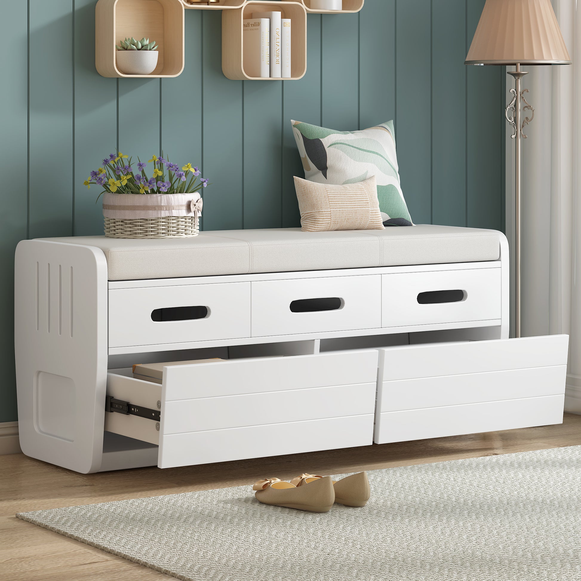 Rustic Storage Bench With 2 Drawers, Hidden Storage Space, And 3 False Drawers At The Top, Shoe Bench For Living Room, Entryway White White Mdf Acacia