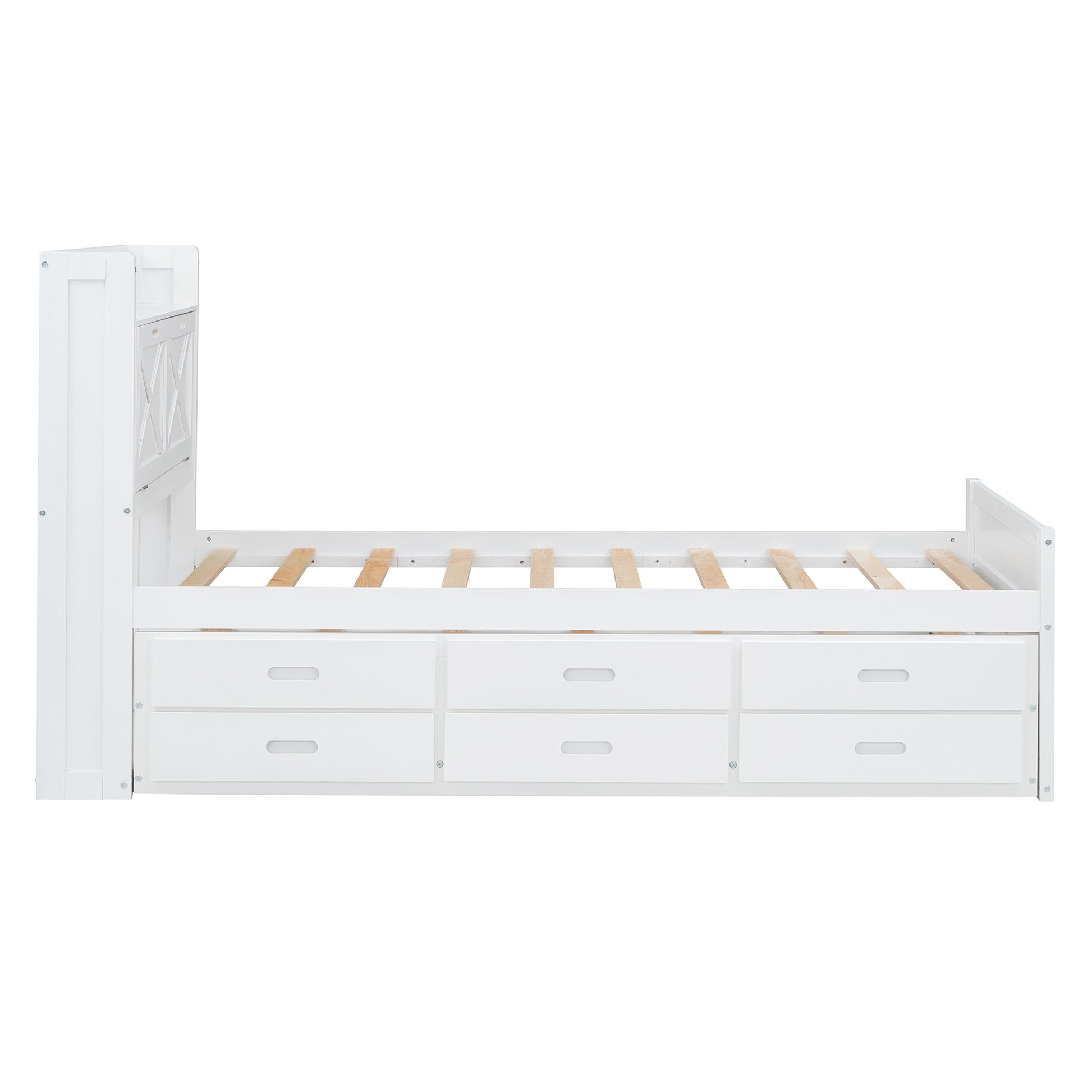 Twin Size Wooden Bed With Storage Headboard With Outlets, Extendable Bed With Twin Size Trundle With Three Storage Drawers,White Expected Arrival Time:8.23 Twin White Wood