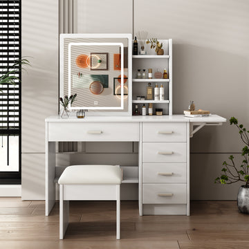 Fashion Vanity Desk With Mirror And Lights For Makeup With Open Shelves And Chair, Vanity Mirror With Lights And Table Set With 3 Color Lighting Brightness Adjustable, 5 Drawers, White Color White White 5 Drawers & Above Bedroom American Design White Mdf