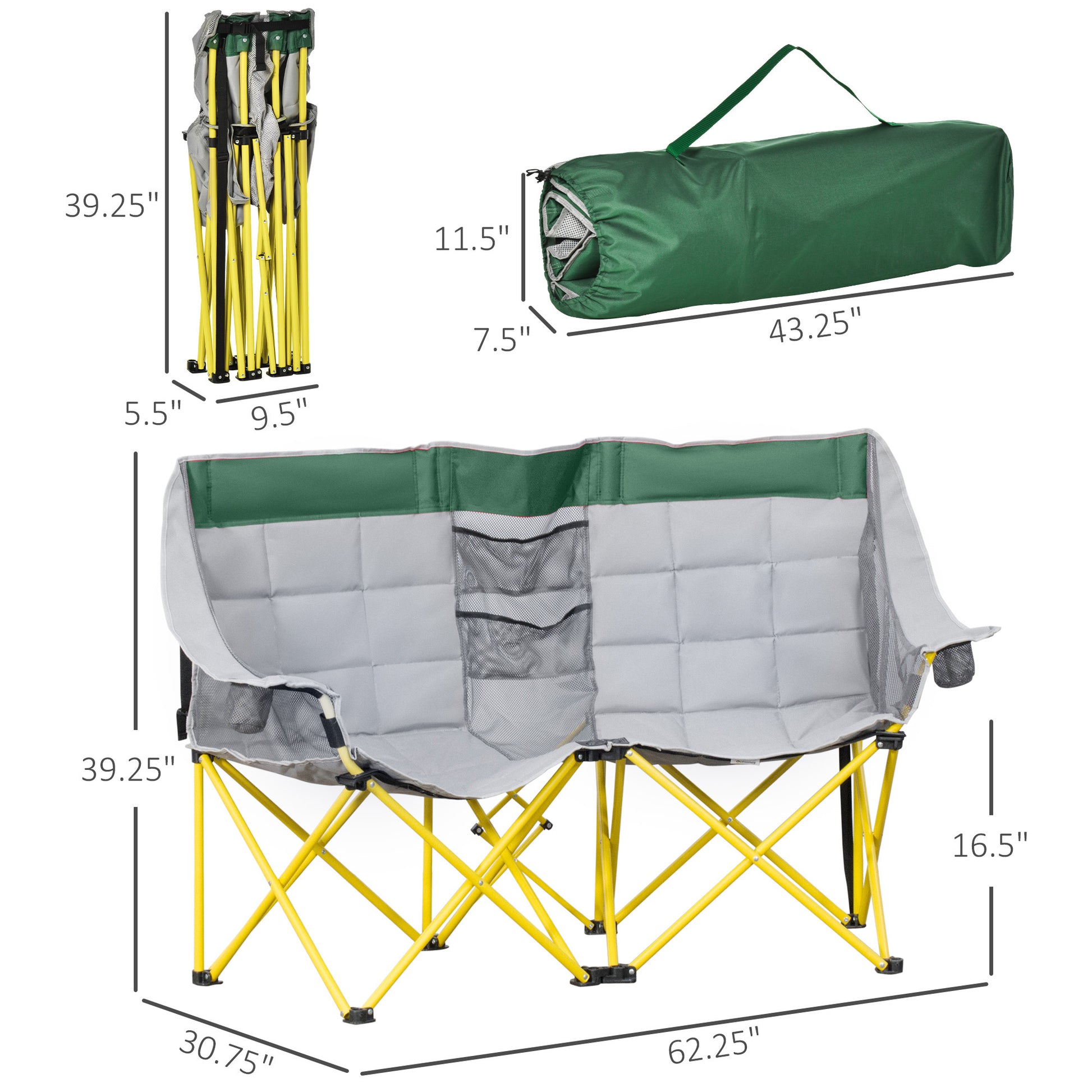 Outsunny Loveseat Style Camping Chair, Oversized Folding Lawn Chair With Carry Bag & Cup Holders, For Outdoor, Beach, Picnic, Hiking, Travel, Green & Gray Green Metal