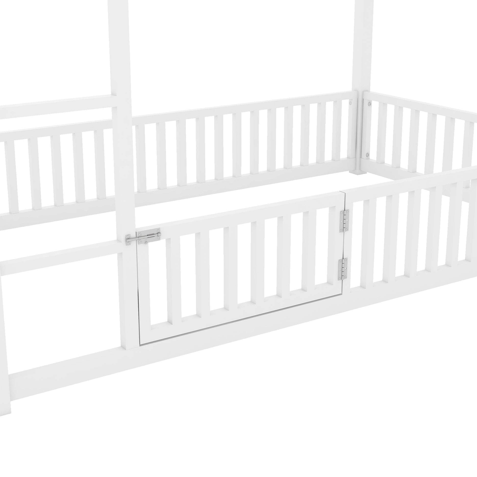 Metal Twin Over Twin House Bunk Bed With Fence And Door, White Box Spring Not Required Twin White Metal Bedroom Metal