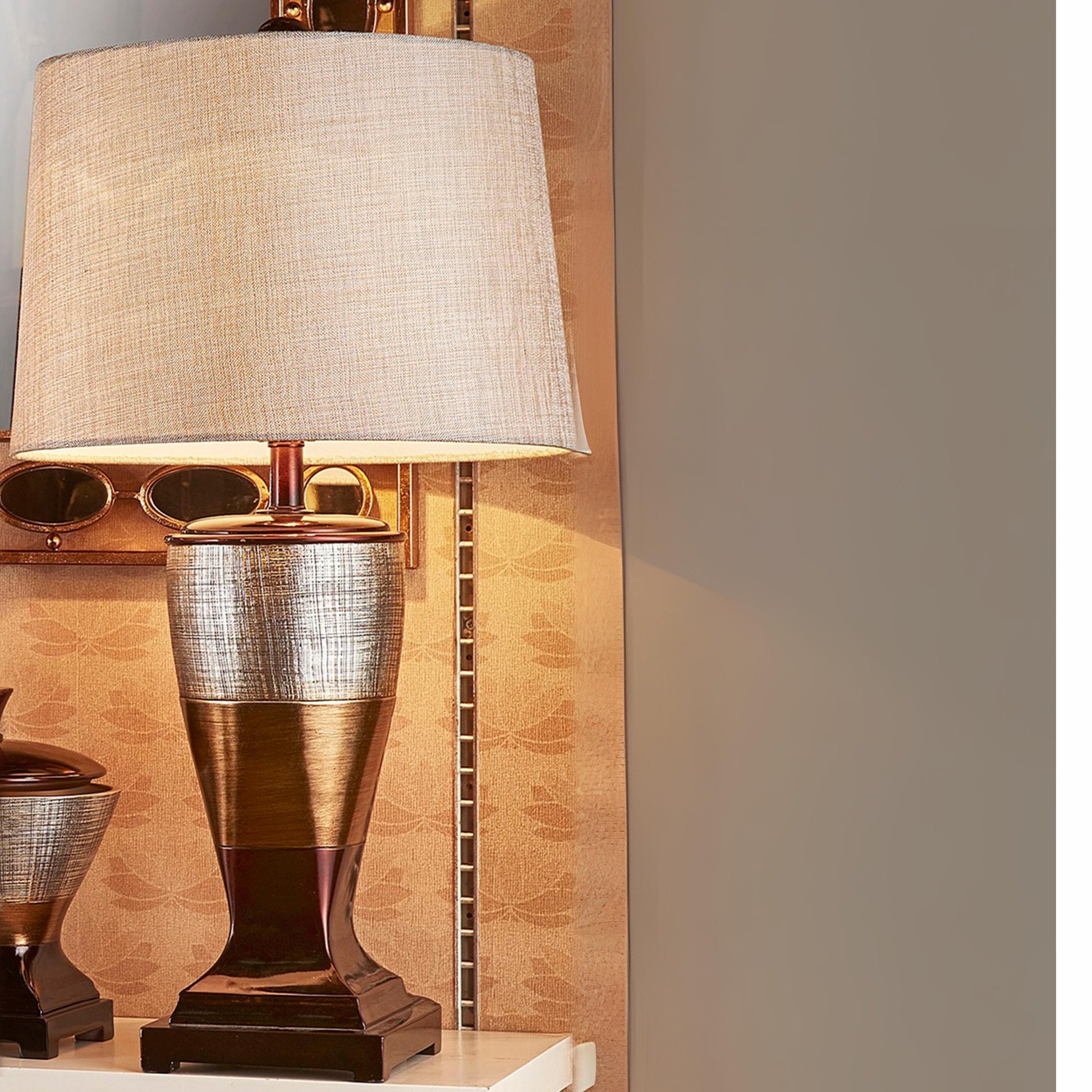 30" Tall Polyresin Table Lamp "Naomi" With Egyptian Design, Silvery Linen Shade Multicolor Polyresin