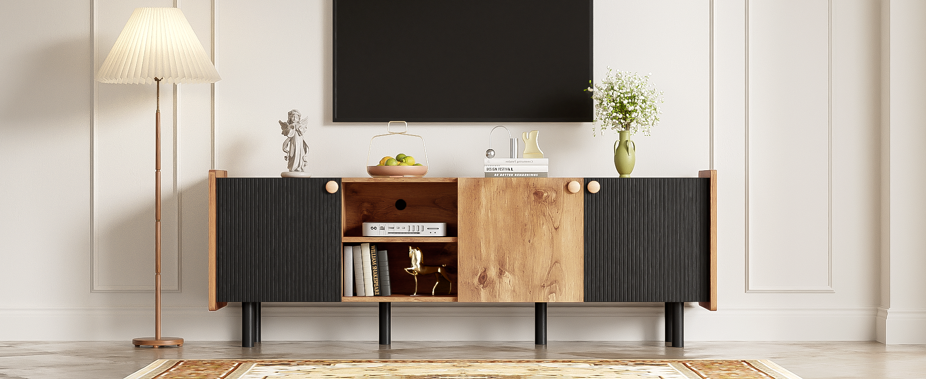 Mid Century Tv Stand With 3 Cabinets, Media Console Table For Tvs Up To 70'', Entertainment Center With Storage For Living Room, Bedroom, Home Theatre Black Brown Primary Living Space 60 69 Inches