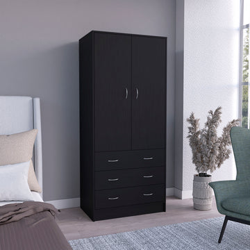 Taly Armoire With Double Doors, 3 Drawers, And Hanging Rod Black Black Particle Board