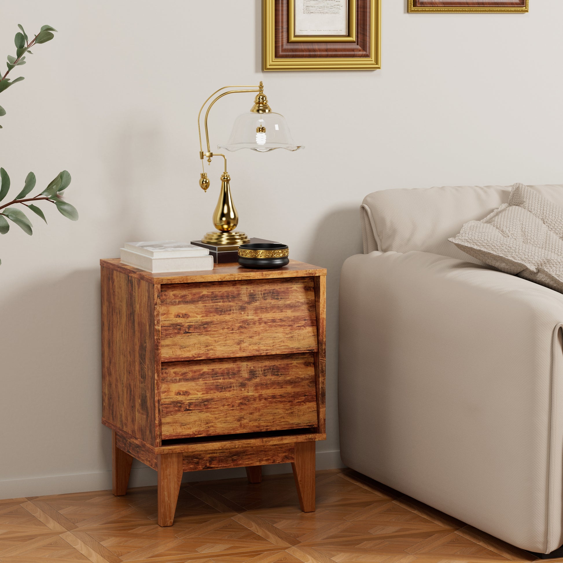2 Set Nightstands Features Vintage Style And Bevel Design, Made Of Mdf, Mid Century Modern Nightstand, Night Stand For Bedroom Brown Mdf
