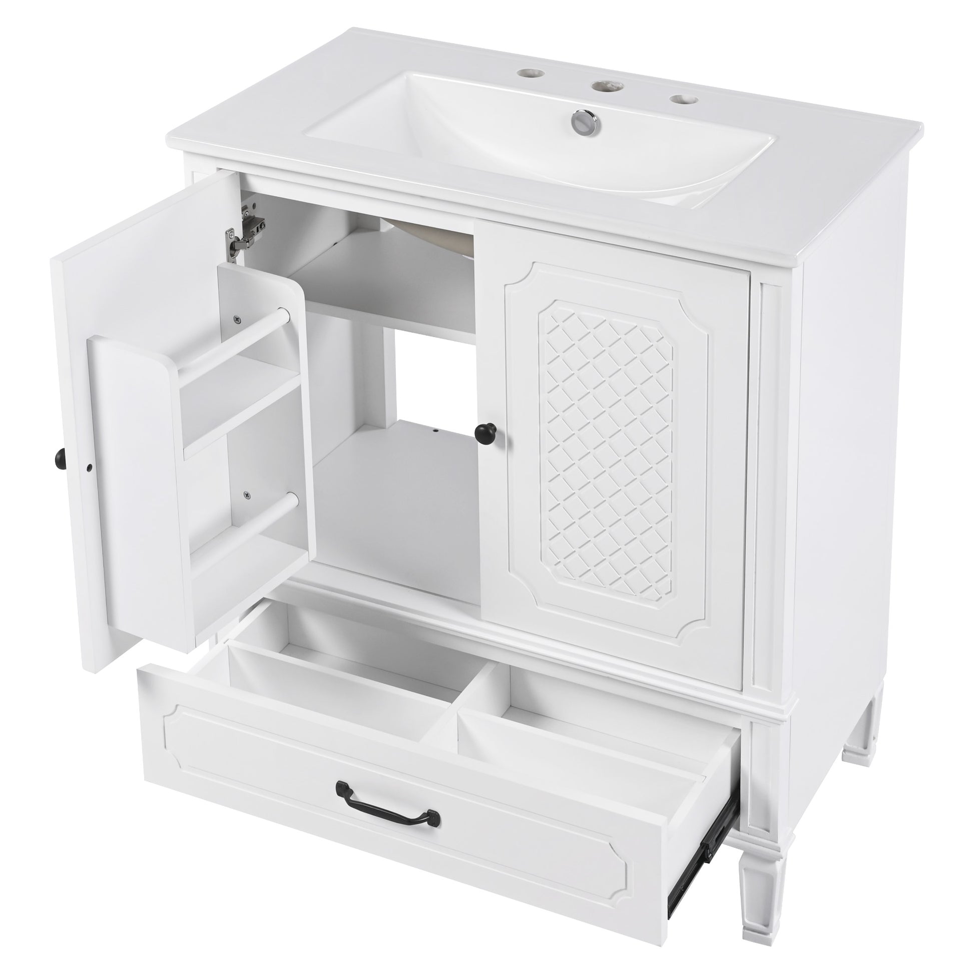 30" Bathroom Vanity With Sink Vintage Style, Multi Functional Storage Space, Door Shelf, Soft Closing Door, White White Acacia Wood,Ceramic Mdf