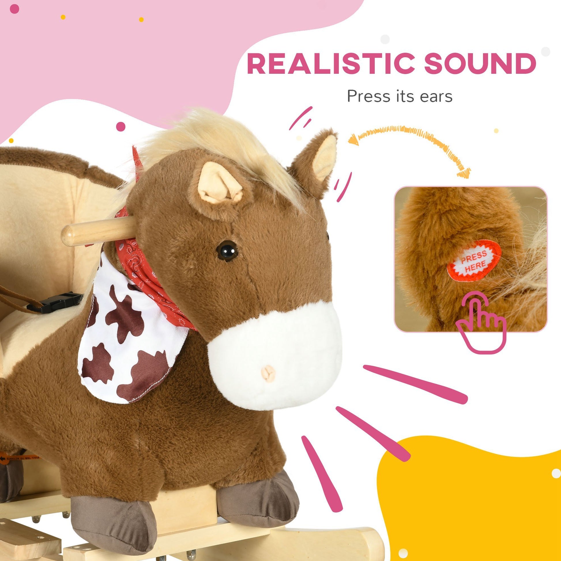 Qaba Baby Rocking Horse, Riding Horse, Plush Animal Rocker With Realistic Sound, Pedals For Ages 18 36 Months, Brown Brown Wood