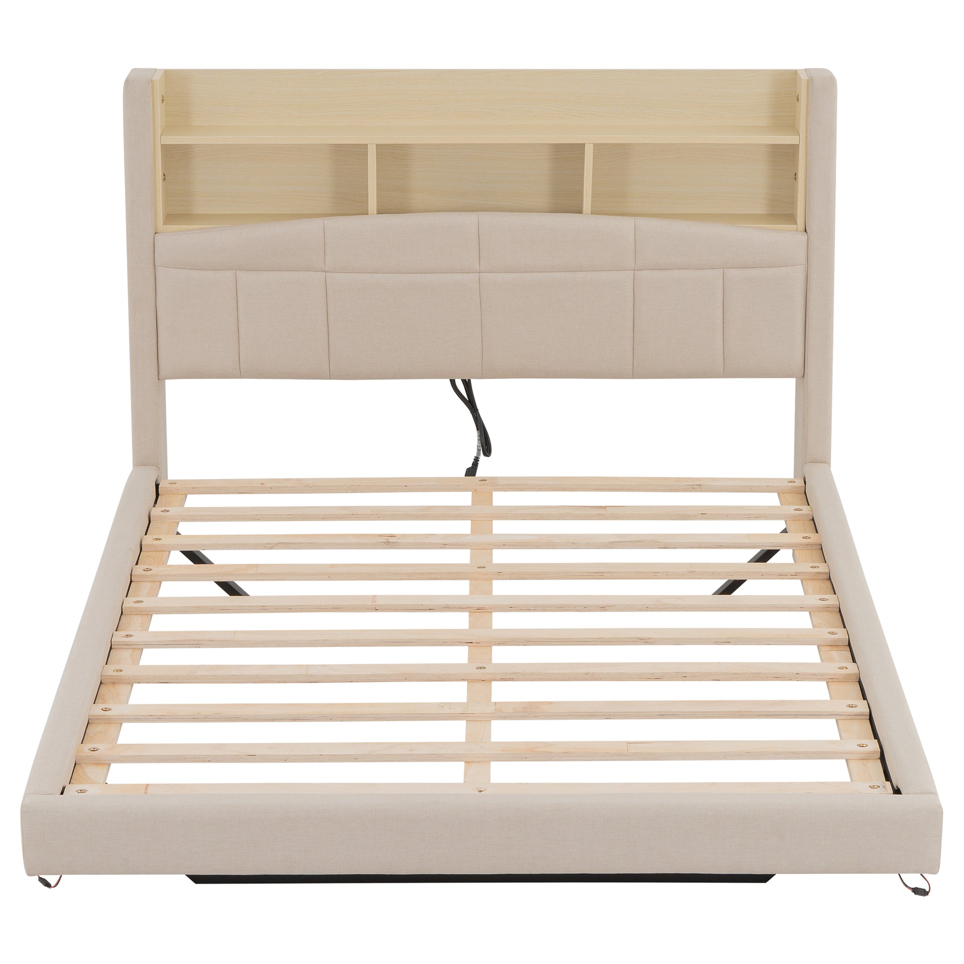 Full Size Upholstered Floating Bed With Led And Storage Headboard, Beige Box Spring Not Required Full Beige Wood Bed Frame Linen Upholstered