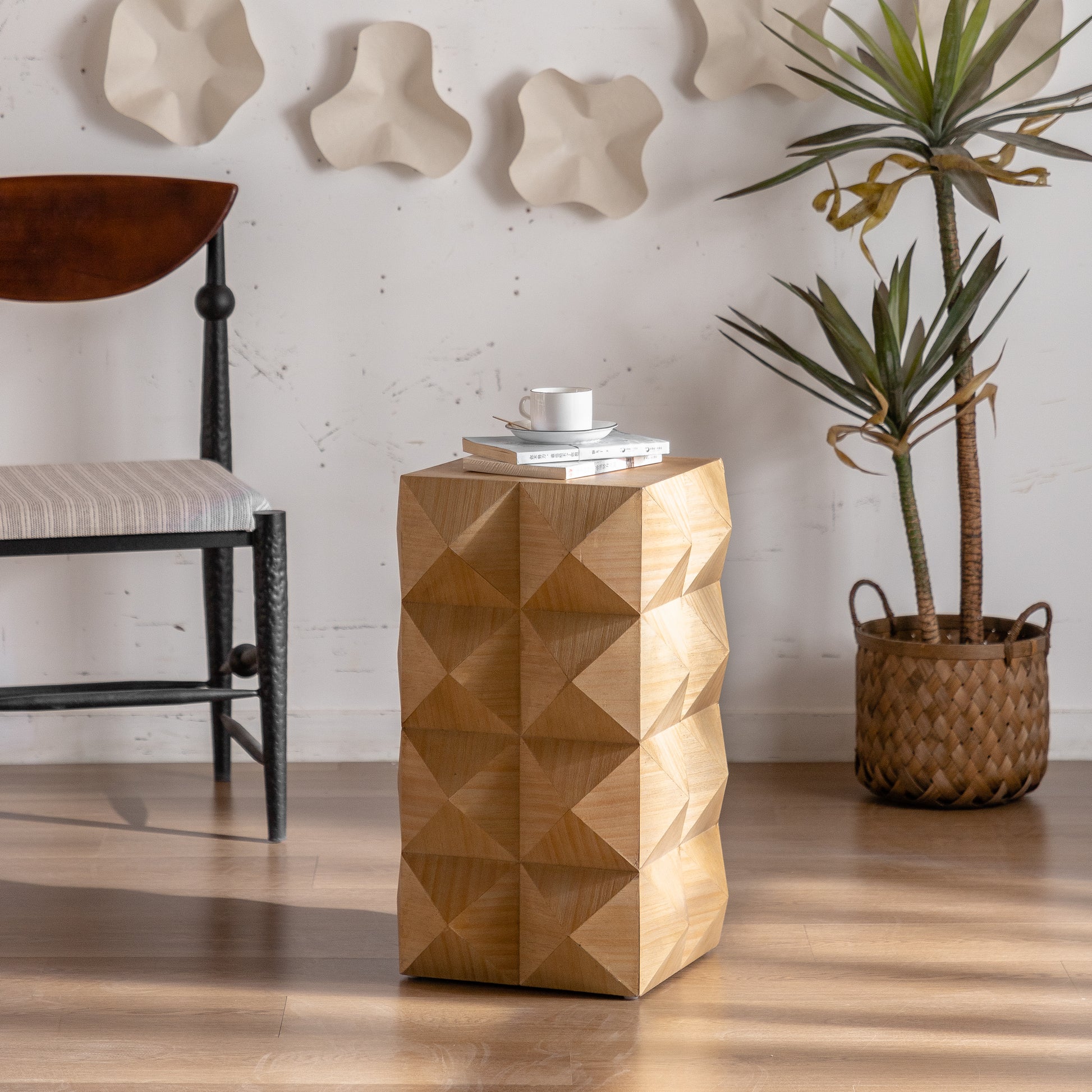 23.62"Height Three Dimensional Embossed Pattern Design Retro Side Table Retro Furniture Natural Mdf