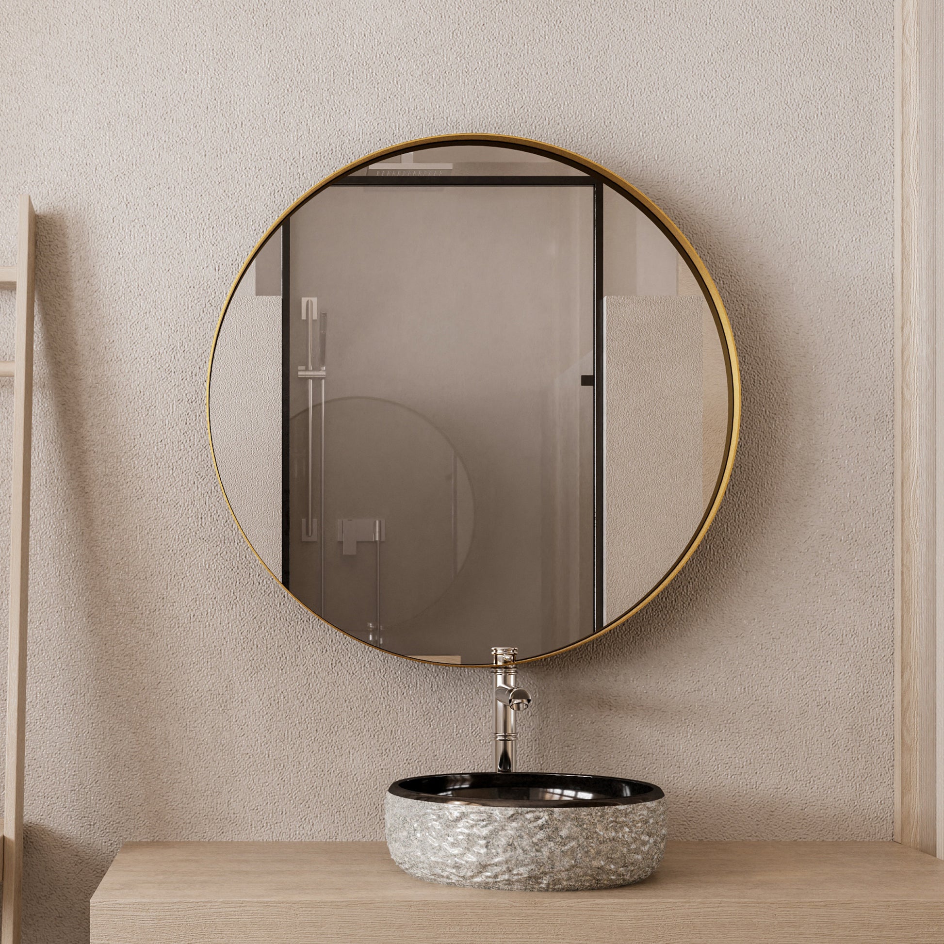 31.5 Inch Surface Mount Round Metal Framed Medicine Cabinet With Mirror And Adjustable Shelves Black Wall Mirror With Storage For Bathroom, Matte Gold Gold 2 Adjustable Shelves Bathroom Metal