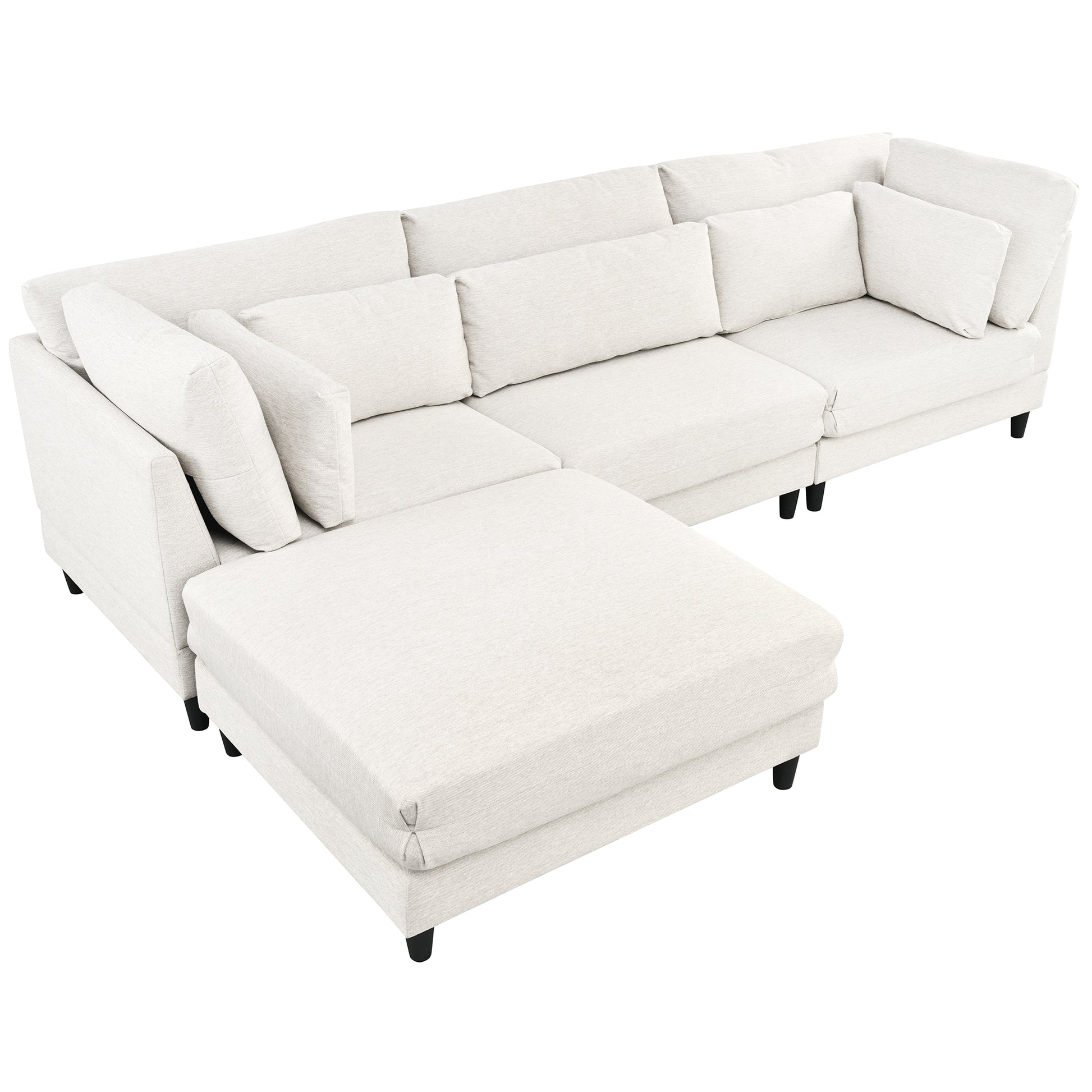 Modern Modular Sectional Sofa With Movable Ottoman, 110 Inch 4 Seat Sofa Set With 5 Pillows, Unique Piping Stitch Design, Convertible L Shaped Sofa For Living Room, Office & Spacious Rooms Beige