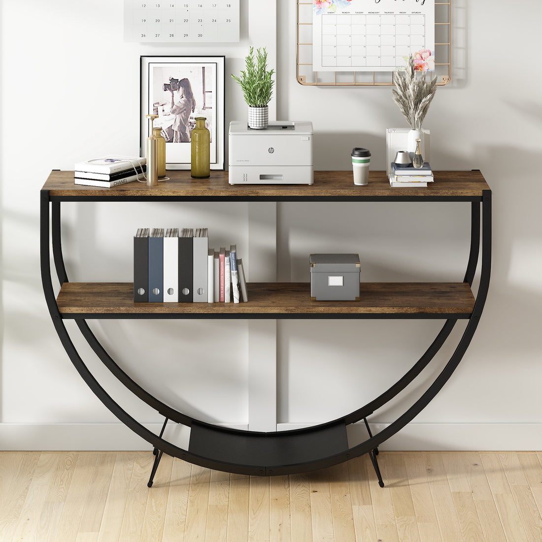 Rustic Industrial Design Demilune Shape Textured Metal Distressed Wood Console Table Distressed Brown Distressed Brown Mdf