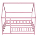 Full Size Floor Wooden Bed With House Roof Frame, Fence Guardrails ,Pink Full Pink Pine