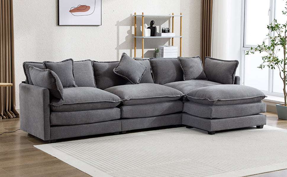 112.2" L Shape Chenille Upholstered Sofa For Living Room Modern Luxury Sofa Couch With Ottoman, 5 Pillows, Gray Gray Foam 4 Seat