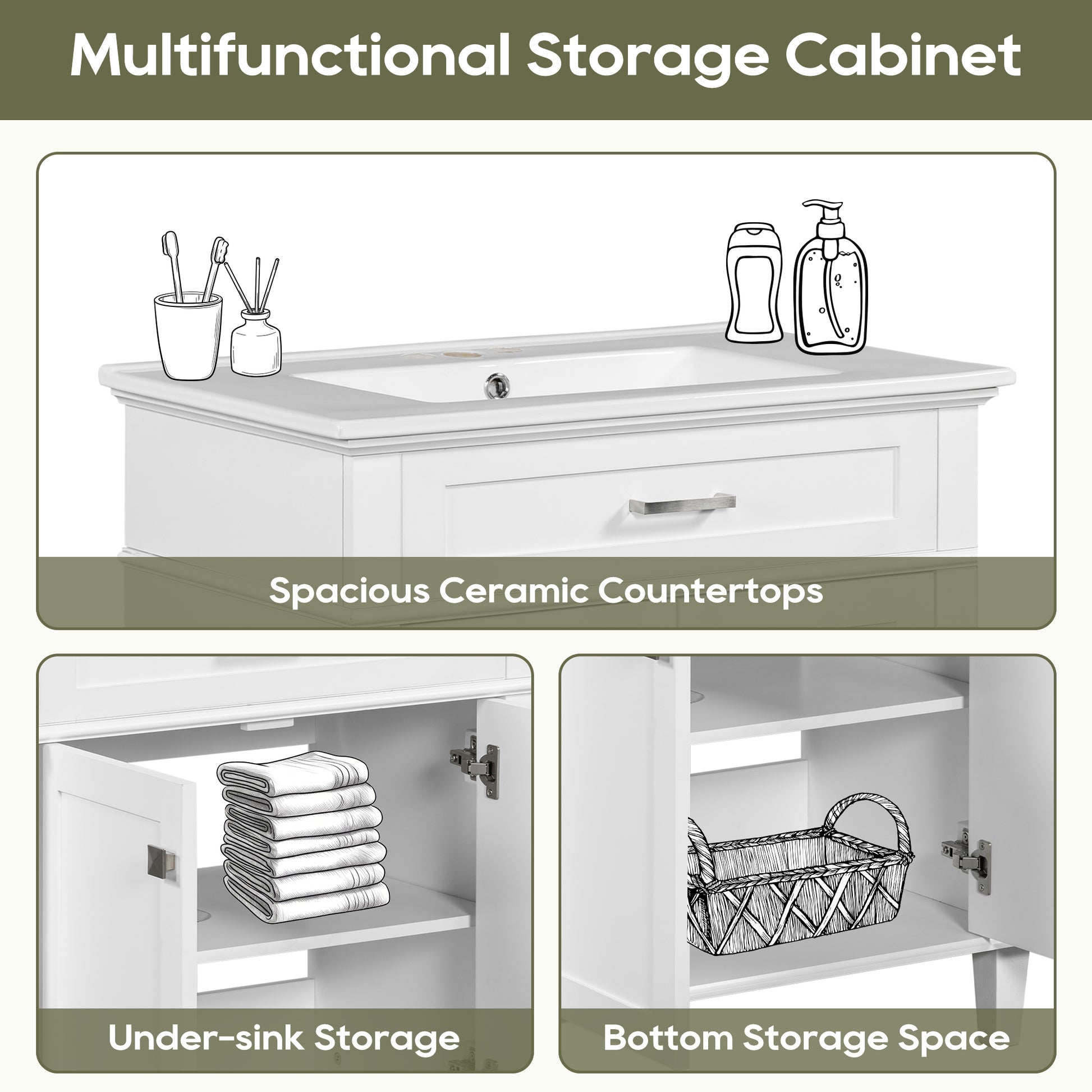 30 Inch Bathroom Vanity With Ceramic Basin, Soft Close Door And Adjustable Shelves White Bathroom Solid Wood Mdf