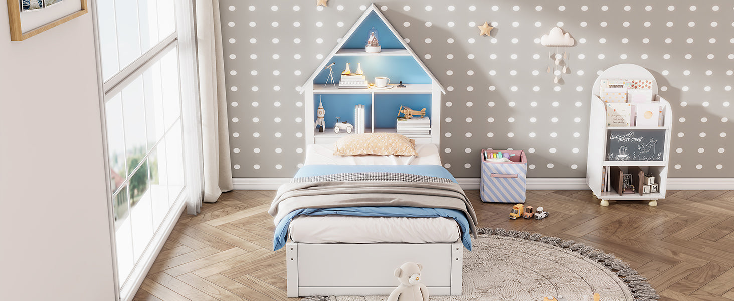 Twin Size House Shaped Bed With Bookcase Headboard And Led Light And Twin Size Trundle For Kids Boys Girls, Blue White Box Spring Not Required Twin White Blue Wood Bedroom Cute Bed Frame Wood